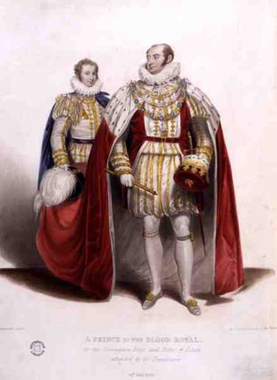 A Prince of the Blood Royal i kroningskjole og godskapper deltatt av hans togbærer av James (after) Stephanoff