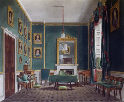 Grønt tilbaketrekningsrom, Gravering av Daniel Havell (1785-1826), Basert på design av James Stephanoff (ca 1788-1874), Fra The History of the Royal Residences av James (after) Stephanoff