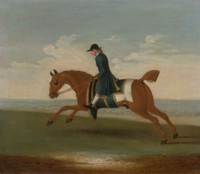 Kastanje veddeløpshest øvet av en trener i en blå frakk (olje på lerret) av James (attr.) Seymour