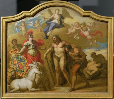 Allegory of the Power of Great Britain by Land, design for et dekorativt panel for George I sin seremonielle trener, ca. 1718 (olje på panel) av James (attr. to) Thornhill