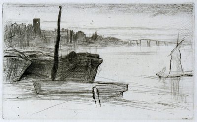 Chelsea Bridge og kirke av James Abbott McNeill Whistler