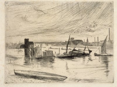 Tidlig morgen, Battersea, 1861 (tørrpunkt) av James Abbott McNeill Whistler