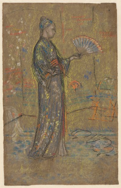 Japansk kvinne som maler en vifte recto, stående kvinne som holder opp kjolen på baksiden, ca. 1872. av James Abbott McNeill Whistler