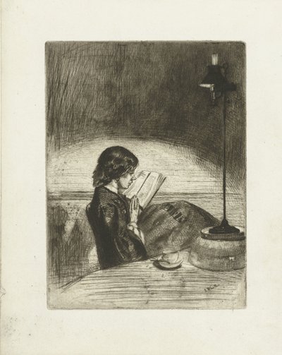 Portrett av Deborah Delano som leser Lesing med lampelys av James Abbott McNeill Whistler