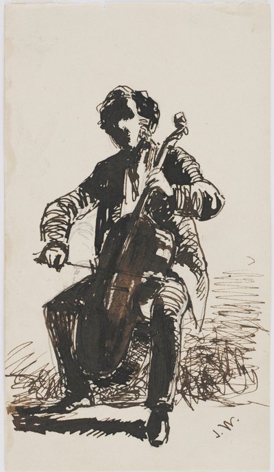 Sir Seymour Haden Playing the Cello, ca. 1855 (blyant, penn og blekk på beige papir) av James Abbott McNeill Whistler