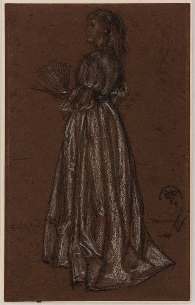 Stående figur med vifte, ca. 1873/1876 (svart og hvitt kritt på brunt papir) av James Abbott McNeill Whistler