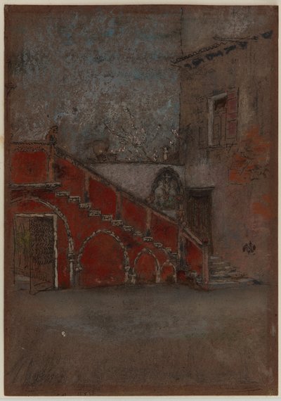 The Staircase: Note in Red, 1880 (fargestift og pastell på brunt papir) av James Abbott McNeill Whistler