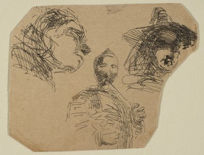 To kvinnelige hoder og stående figur fra skisser på kystundersøkelsesplaten, 1854-55. av James Abbott McNeill Whistler