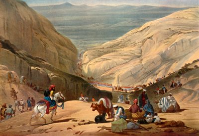 Hæren som dukker opp fra Shutargardan-passet inn i Logar-dalen, c1840, 1901. av James Atkinson
