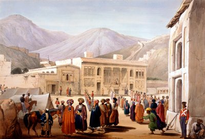 Shah Shoja, britenes marionett, holder en durbar i Kabul, første anglo-afghanske krig, 1838-1842 av James Atkinson