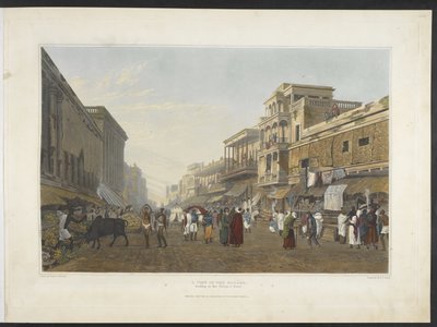 En utsikt i basaren, som fører til Chitpore Road, fra 'Views of Calcutta and its Environs'1826 (håndfarget akvatint) av James Baillie (after) Fraser