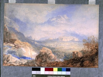 Rhônedalen med byen og citadellet i Sion, i Sveits (akvarell og gouache på off-white papir) av James Baker Pyne