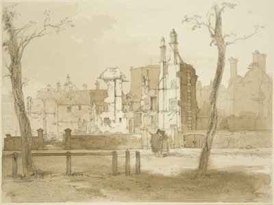 Vestsiden av Queen Square, etter opptøyene (blyant og akvarell på papir) av James Baker Pyne