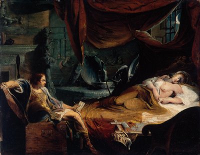Iachimo kommer ut av kisten i Imogens kammer av James Barry
