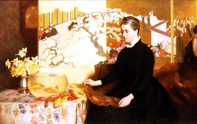 Dame med japansk skjerm og gullfisk (portrett av kunstnerens mor) av James Cadenhead