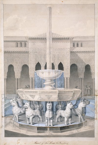 Fountain in the Court of the Lions, Alhambra, fra The Arabian Antiquities of Spain, utgitt 1815 (håndfarget gravering) av James Cavanagh Murphy