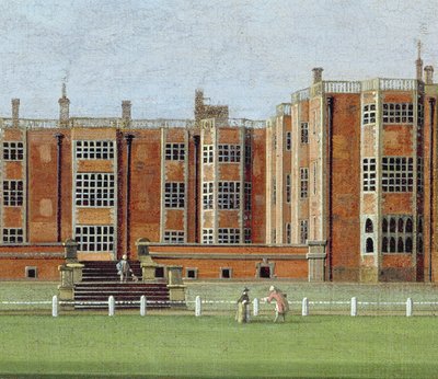Utsikt over Temple Newsam House, ca. 1750 (olje på lerret) (detalj av 128852, som viser den sentrale delen av fasaden) av James Chapman