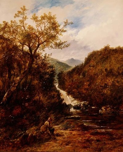 Fisker ved en skogkledd foss av James Charles Ward