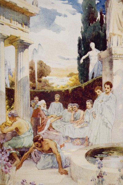 Akademiet i Athen, illustrasjon fra 'The Outline of History' av HG Wells, bind I, utgitt i 1920 av James Clark