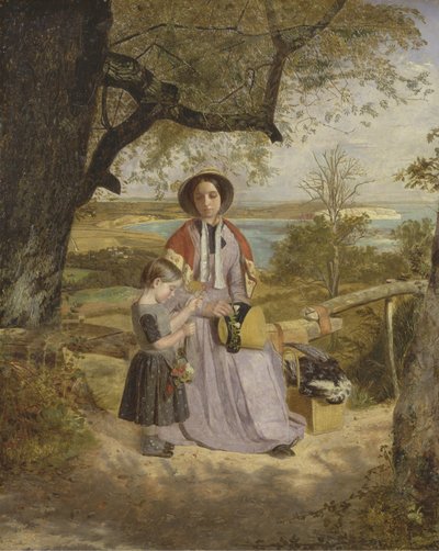 Mother and Child by a Stile, med Culver Cliff, Isle of Wight, i det fjerne, ca. 1849-50 (olje på panel) av James Collinson