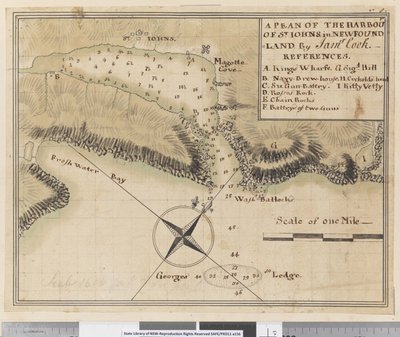 bl.a. En plan for havnen i St Johns i Newfoundland av James Cook