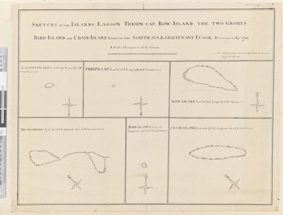 iii. Skisser av øyene Lagoon, Thrum-Cap, Bow-Island, de to gruppene, Bird Island og Chain Island, som ligger i sør, Sea... oppdaget i Apl 1769 av James Cook