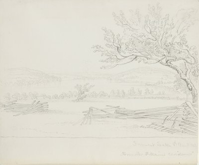 Derwent Lake fra Mr. W. Mains Residence, 1843 (grafitt på kremvevd papir) av James David Smillie