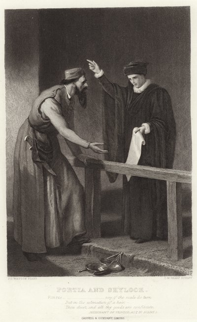 Portia og Shylock, kjøpmann i Venezia, akt IV, scene I av James Dawson Watson