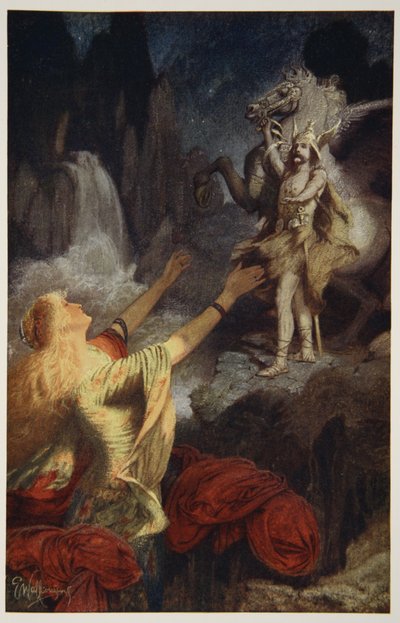 Hundingsbanes vender tilbake til Valhal, illustrasjon fra "Teutonic Myths and Legends" av Donald A. Makenzie, 1890 av James Doyle Penrose