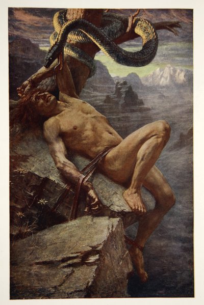 Punishment of Loke, frontispice fra "Teutonic Myths and Legends" av Donald A. Makenzie av James Doyle Penrose