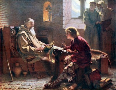 Den ærverdige Beda oversetter siste kapittel av Johannes. Illustrasjonen fra An Outline of Christianity redigert av AS Peake et al (Waverley, ca 1910.) av James Doyle Penrose