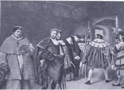 Avskjedigelse av kardinal Wolsey av kong Henry VIII, fra Cassells History of the British People utgitt av Waverley Book Company, ca. 1950-tallet av James Dromgole Linton