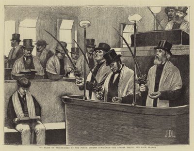 Løvhyttefesten i Nord-London-synagogen, leseren tar Palmegrenen av James Dromgole Linton