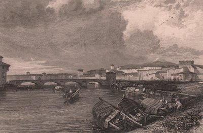 Utsikt over elven Arno i Pisa, Toscana, Italia, stålgravering av Thomas Higham (1796-1844) etter tegning av James Duffield Harding (1798-1863) av James Duffield Harding