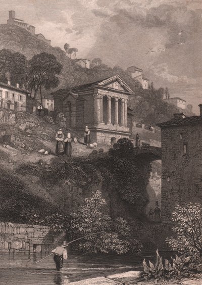 Utsikt over Temple of Clitumnus langs Clitunno-elven nær Campello sul Clitunno, Umbria, Italia, stålgravering av Jordan etter tegning av James Duffield Harding (1798-1863), ca. 10, 5x15 cm av James Duffield Harding