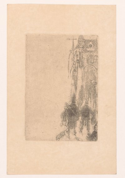 Figurer går mot en port med kjøtt og fisk Meny for Charles Vos av James Ensor