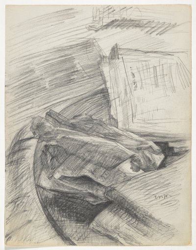 Papirer og bøker arrangert på et bord av James Ensor