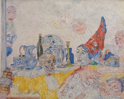 Pjerrot og skjelett i en gul kappe av James Ensor