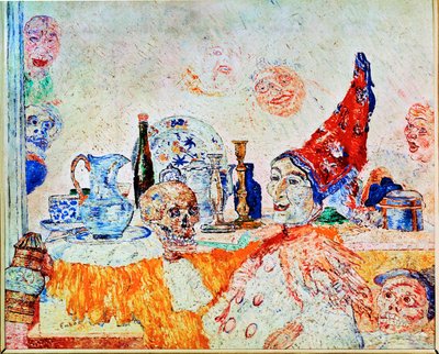 Pierrot og skjelett i gult (maleri på lerret) av James Ensor
