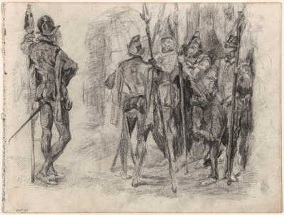 Skisser av figurer og fem spanske soldater med lanser av James Ensor