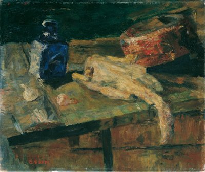 Stilleben med blå flaske og plukket kylling av James Ensor