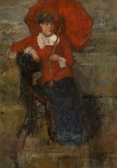 Damen med rød parasoll (olje på lerret) av James Ensor