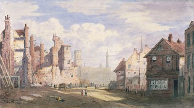 Riving av gamle hus nær Walbrook for å gjøre plass for King William Street, City of London, 1834 av James Fahey