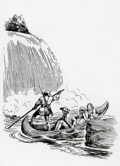 Hovedpersonene i en kano ved en foss, illustrasjon for The Last of the Mohicans av James Fenimore Cooper, Principato Editore, Milan av James Fenimore Cooper