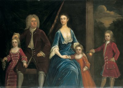 Gruppeportrett av Henry, 5. Lord Arundell av Wardour og hans kone Elizabeth, sammen med barna deres, i et interiør, et landskap utenfor av James Francis Maubert