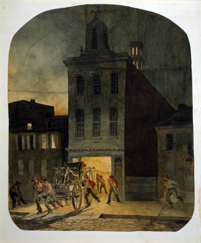 Philadelphia brannvesen forlater brakkene for å gå til brannstedet. Akvarell av James Fuller Queen (1820-1866) 1857. av James Fuller Queen