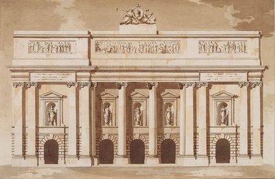 Høyde for vestfronten av Parliament House, Dublin, ca. 1787 (penn og pensel med brunt blekk og wc på lagt papir) av James Gandon