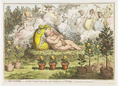 The Orangerie: Den nederlandske amor hviler fra utmattelsen av planting, 1796 Orangeriet; eller den nederlandske amor-stillingen, etter utmattelsen av planting (tittel på objekt) av James Gillray (signed by artist)