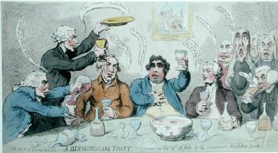 A Birmingham Toast, gitt den 14. juli av Revolution Society, utgitt av S.W. Fores i 1791 (håndfarget etsning) av James Gillray