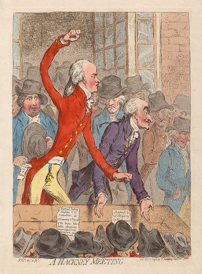 Et Hackney-møte, pub. 1796 (håndfarget gravering) av James Gillray